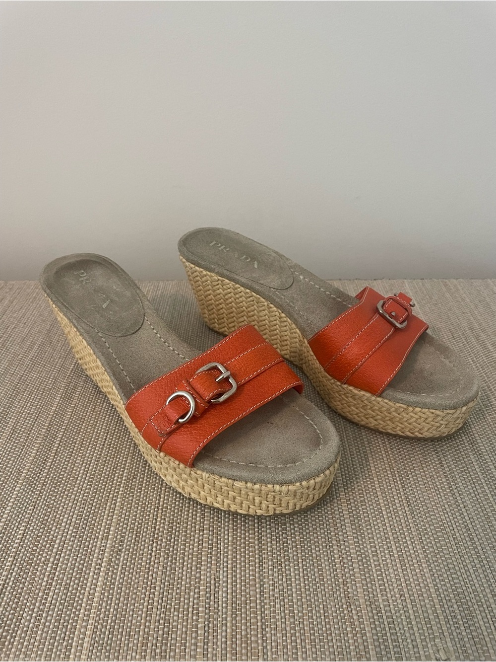 Prada Orange and Raffia Platform Slide Sandal